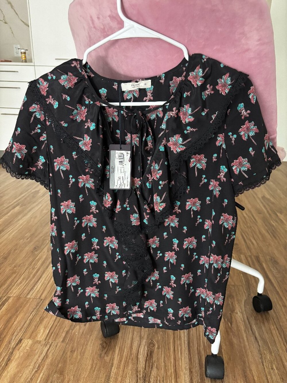 Prada Palm Tree Print Black Silk Lace Trim Ruffle Top, IT 40/US S, NWT!